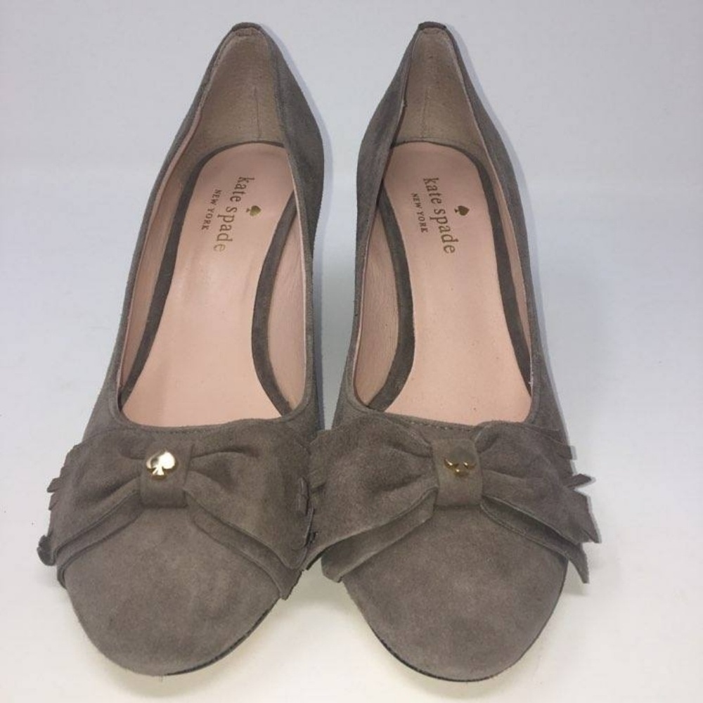 kate spade taupe suede bow wedge pumps